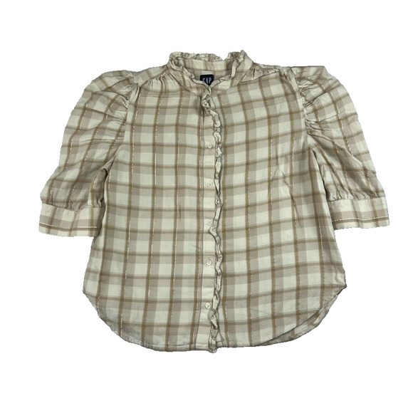 Gap Button Front Ruffle Top Women's Small Beige Plaid Half Sleeve Peasant - Picture 1 of 8